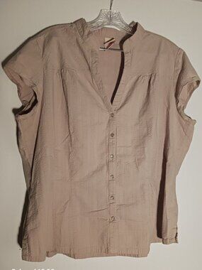 Womans Tan Mandarin Collar Shirt Snap Front Smock Shirt Size 18w/20w Stretch